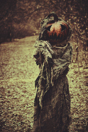 The ghost of Jack-o'-lantern with a pumpkin on his head and in a burlap robe, wanders through the woods on the eve of Halloween. Halloween Tales. Horror, thriller.の写真素材