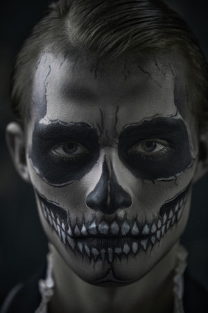 Skull makeup. Portrait of a handsome young man with skull makeup wearing elegant suit. Dia de los...