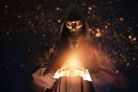 Portrait of a dangerous person with skull makeup dressed in a black robe with a hood holding a human...
