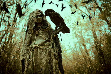 A terrible forest sorcerer with a canvas bag on his head and in a sackcloth robe stands in a dense forest with a black raven on his hand. Scarecrow. Halloween Tales. Horror, thriller.の写真素材
