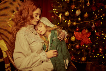 Christmas dreams. Portrait of mother and her little daughter taking a nap in a rocking chair by a Christmas tree. Christmas in the old days. Vintage style.の写真素材