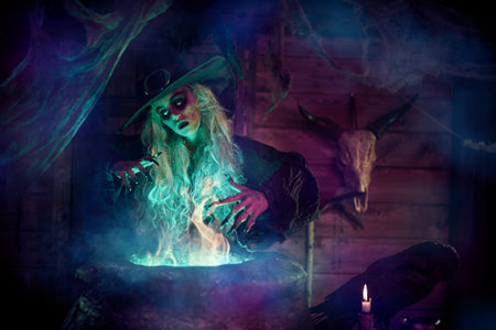 Horrible old witch brews witchcraft in her cauldron surrounded by magical green light. Halloween....