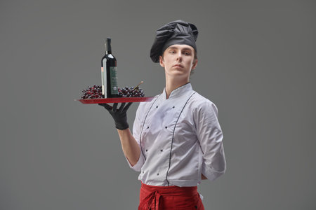 Young exquisite professional male chef holding a tray with a bottle of red wine and bunches of grapes. Excellent red wine.の写真素材