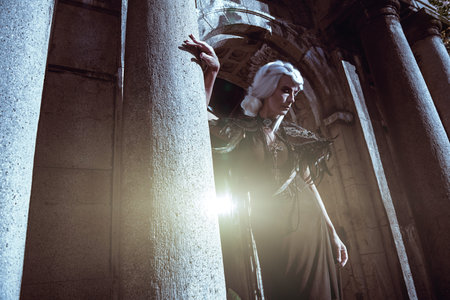 Black Widow. An aristocratic old widow woman with beautiful gray hair and a rich black dress stands...