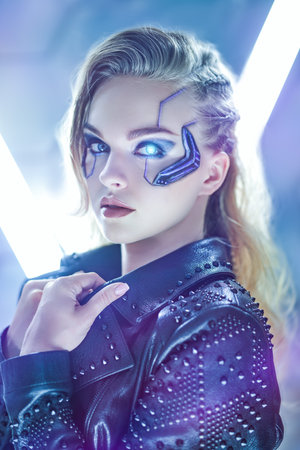 Portrait of an attractive sci-fi cyborg girl with a shining cybernetic eye and in leather jacket lit by neon lights. Cyberpunk concept. Make-up and hairstyle.の写真素材