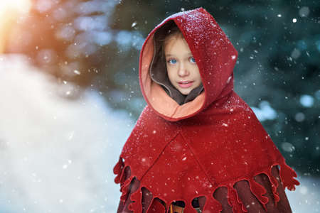 Christmas and winter fairy tales. Portrait of a cute girl with blonde hair and clear blue eyes in a snowy  winter forest on the background of the setting sun. Historical reconstruction.の写真素材