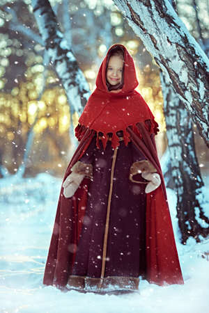 Old Christmas Tale. Cute medieval girl in winter clothes with a cape and a hood walks through the snowy forest joyfully smiling. Historical reconstruction. Full length shot.の写真素材