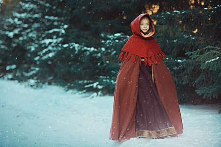 A happy girl with blonde hair and clear blue eyes, dressed in medieval winter clothes, walks through a beautiful snowy forest. Fairy tales on Christmas and New Year.の写真素材