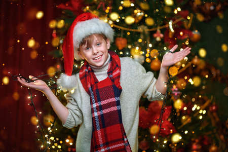 Cheerful boy in Santa's hat and scarf posing in the background of a festive Christmas tree and a garland of lights in his hands. Merry Christmas and Happy New Year!の写真素材