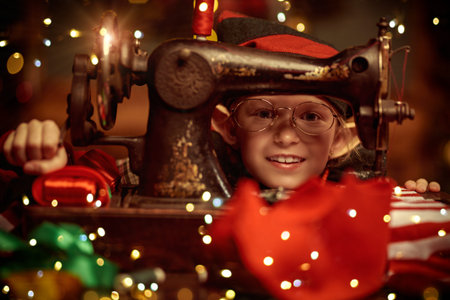 A funny cute girl elf peeks from behind a sewing machine while working in Santa's workshop full of...