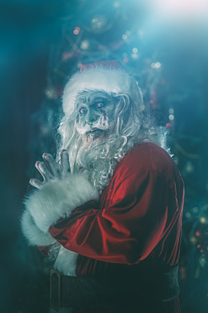 Nightmare at Christmas. Halloween. A scary zombie Santa Claus stands in a night room with Christmas decorations wrapped in cobwebs in the moonlight and rubs his hands ominously.の写真素材