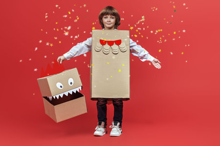 Funny little boy playing with a cardboard dragon, dinosaur. Childhood dreams. Fantasy, imagination....