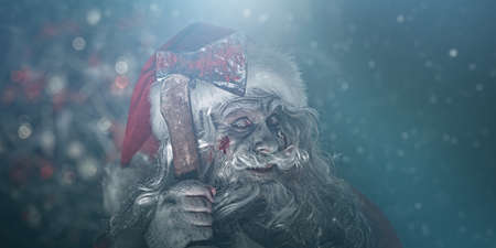 Evil zombie Santa Claus stands with an ax in his hands in a night room with Christmas decorations wrapped in cobwebs in the moonlight and smiles slyly. Nightmare at Christmas. Halloween.の写真素材