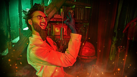 Crazy scientist is working in his laboratory, lit by a mysterious green and red light. Character of...