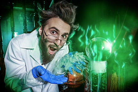 Portrait of a mad scientist obsessively conducting scientific experiments in his laboratory working...