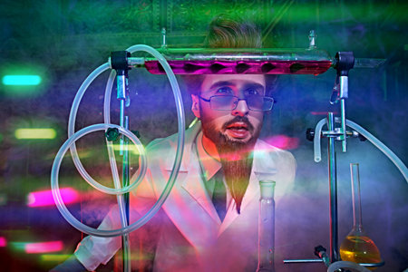 Character of a science fiction novel. A crazy scientist conducts strange experiments in his...