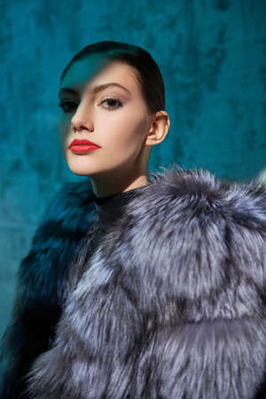 A charming elegant girl with bright makeup poses in a gorgeous silver fox fur coat on a grunge background light and shadow. Fashion shot. Luxury style.の写真素材