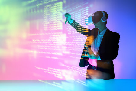 Business technology of the future. Business analyst works with holographic data of the market, stock...