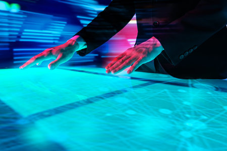 Business concept. Modern virtual digital technologies. A man in a suit touches a digital virtual...