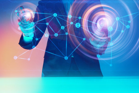 The business analyst manages business processes by touching a holographic screen. Contemporary...