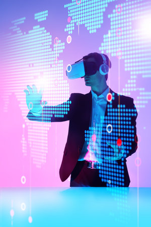 Contemporary digital business technologies. A business analyst manages business processes using virtual technologies. Digital holograms, charts.の写真素材