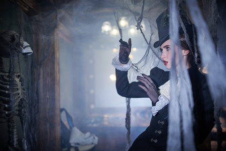Curious young noblewoman in a 19th century dress wanders around a mysterious old vintage castle...