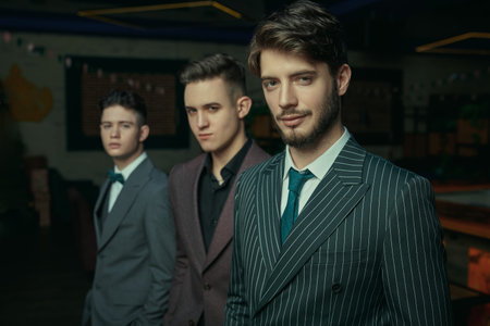 Portrait of three confident handsome men in elegant suits who are standing in luxury apartments and...