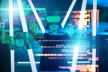 Virtual technologies of the future. A modern teen boy in a hoodie wears virtual reality glasses and...