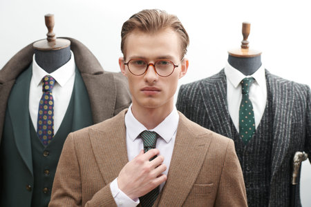 Handsome blond man in elegant brown three-piece suit and spectacles posing on the background of...