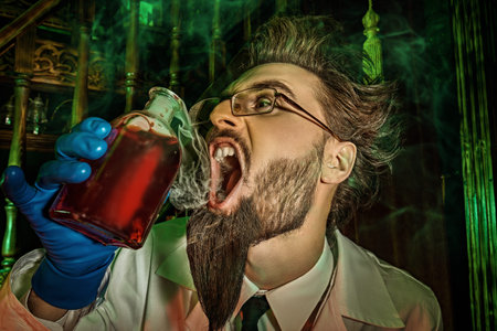 A possessed scientist is going to drink a magical elixir invented in his dark laboratory.