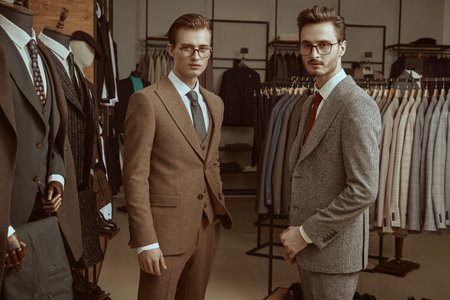 Two handsome respectable men in elegant classic suits and glasses stand together in a premium men's...