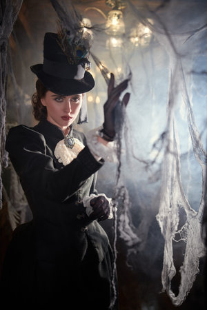 Curious young noblewoman in a 19th century dress wanders around a mysterious old vintage castle...