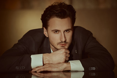Portrait of a handsome brunet man in an elegant suit and a white shirt leaning on a table and...