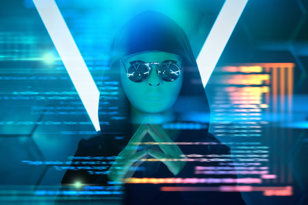 Cyberspace. A portrait of a mysterious teenage boy in a black clothes, mask and black sunglasses...