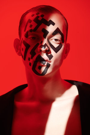 Art portrait of a young man with a QR-code painted on his face, looking unfriendly at the camera lit with red light and on a red background. QR code concept, vaccination against coronavirus.の写真素材
