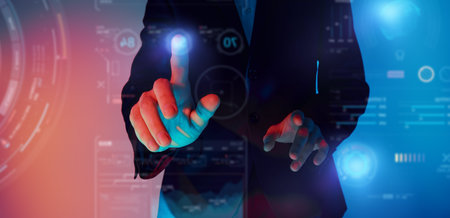 Portrait of a business analyst working with holographic data by touching a virtual digital screen....