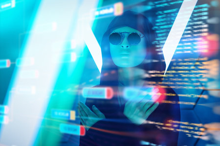 Cyberspace. A portrait of a mysterious teenage boy in a black clothes, mask and black sunglasses...