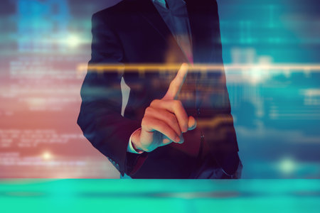Business concept. Modern virtual digital technologies. Business concept. A man in a suit touches a...