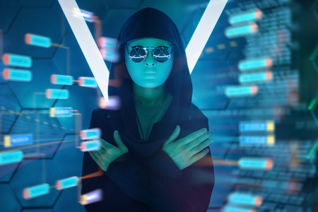 Cyberspace. A portrait of a mysterious teenage boy in a black clothes, mask and black sunglasses...
