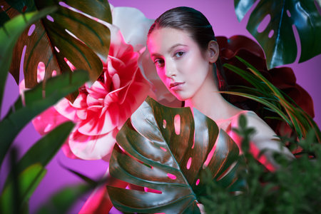 Adorable brunette girl with light makeup poses among tropical greenery and flowers. Spa, skincare...