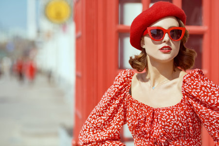 Charming pin-up girl in beautiful red dress, red beret and elegant red sunglasses stands on a city...