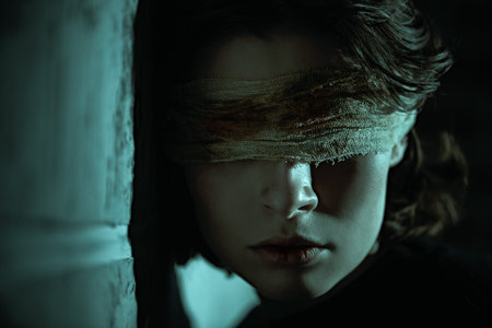 Close up portrait of a girl with bandaged eyes standing silently in a dark place leaning her cheek against the wall. Human suffering, blindness.の写真素材