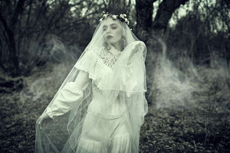 Portrait of a beautiful bride girl in a white dress and covered with a veil, wandering alone through the old foggy park. Bride's ghost. Victorian style. Mystical love novel.の写真素材