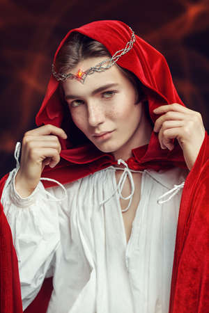 A young prince of elves in a red velvet cloak and a crown on his head. Studio portrait on a black background. Fairy tale, magic. Fantasy.の写真素材
