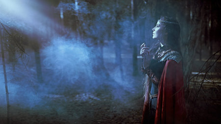 A beautiful medieval queen stands in a dark dense forest and looks up at the light breaking through...