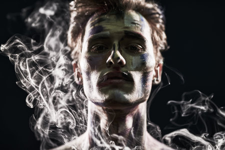 Art portrait of a handsome masculine man with colorful painted face. Black background with smoke...