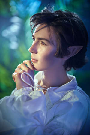 Fairy tale, magic. Portrait of a handsome fairy elf boy standing in a beautiful magic forest. Fantasy.の写真素材