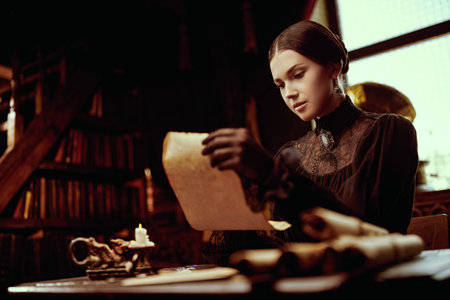 The heroine of the novel, 19th century style. Adorable aristocratic girl in a black elegant dress...