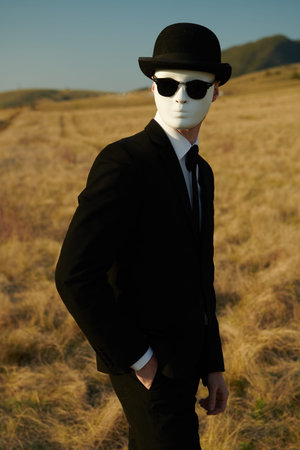 A surreal gentleman in a black suit, a bowler hat and a white mask stands against the backdrop of a...