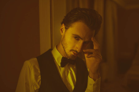 An attractive young man in an elegant evening suit stands at the entrance to the bedroom in a luxury...